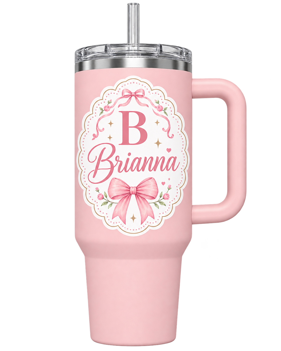 Pink handled tumbler personalized with a name