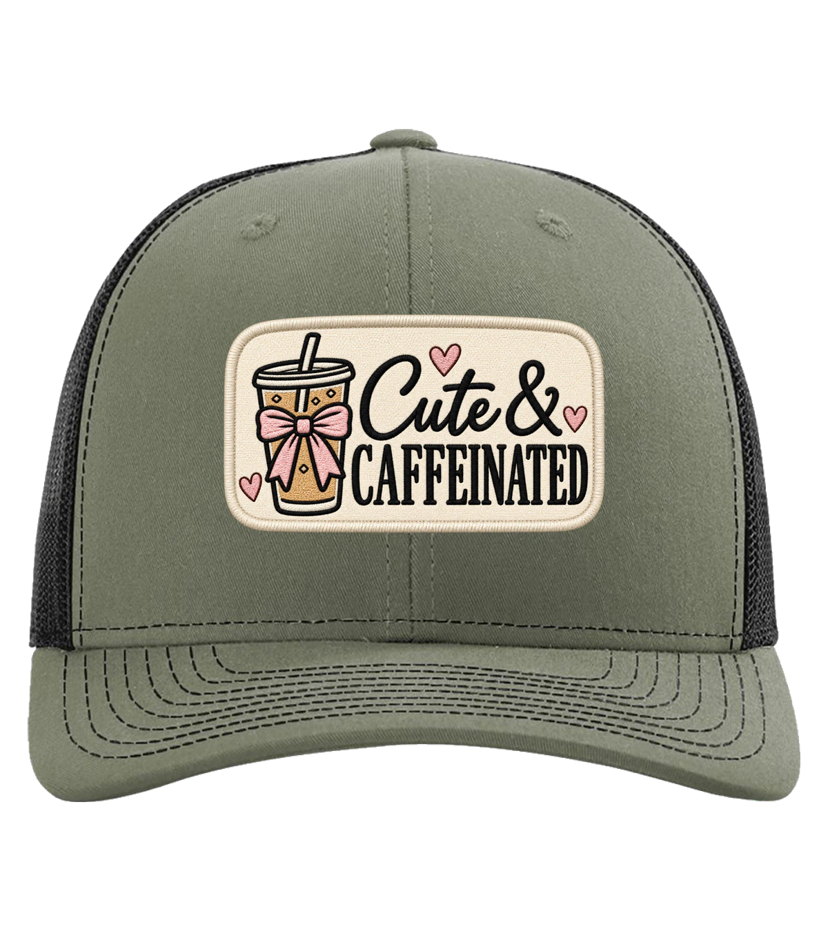 Cute & Caffeinated finished classic trucker hat example