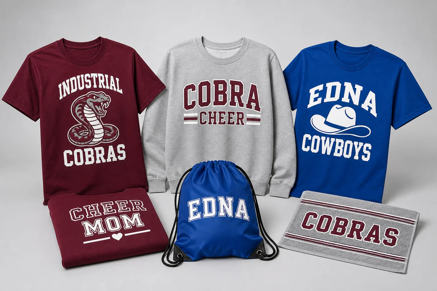 Custom school spirit shirts, cheer gear, and team apparel created by Purpose Filled