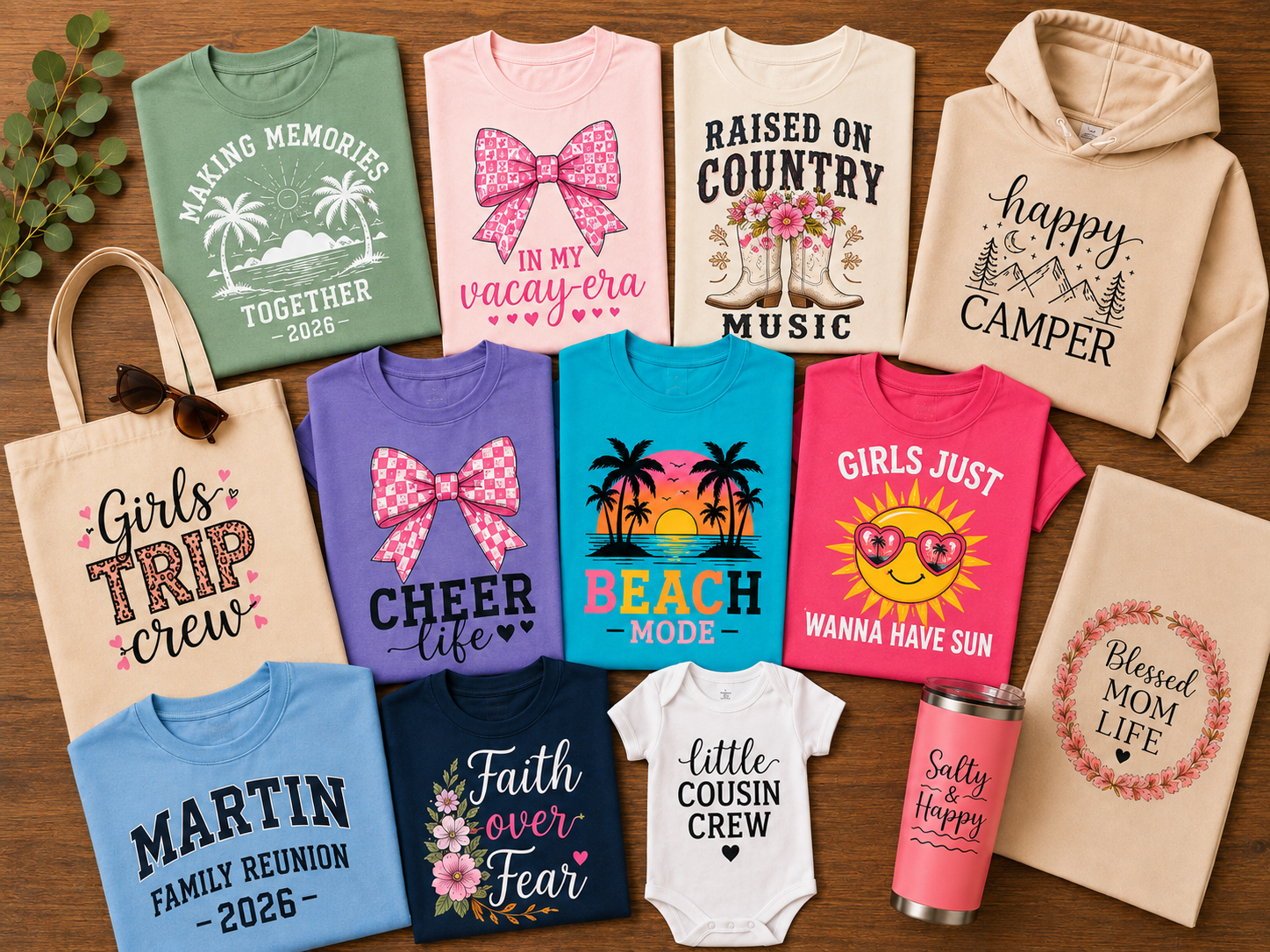 Family reunion, vacation crew, and small-business custom apparel ideas