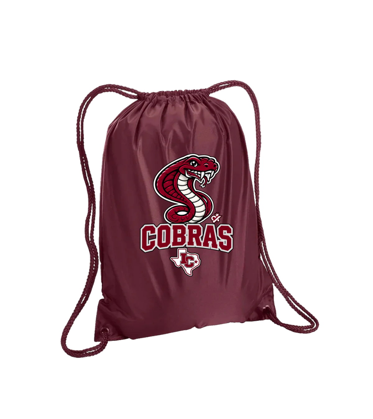 front preview of Cobras Drawstring Bag on Maroon Drawstring bag