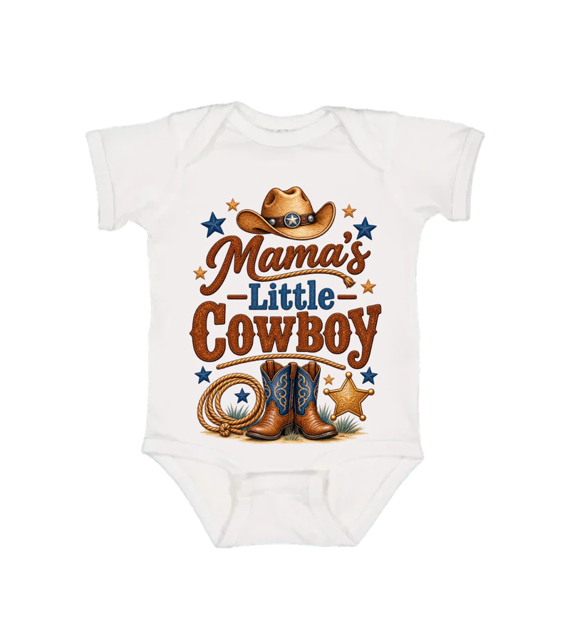 front view of Mammas Little Cowboy Onesie on White Rabbit Skins 4424 Infant Fine Jersey Bodysuit