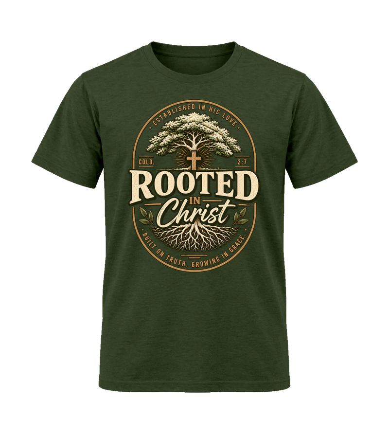 front view of Rooted in Christ on Military Green Gildan 64000 Softstyle Shirt