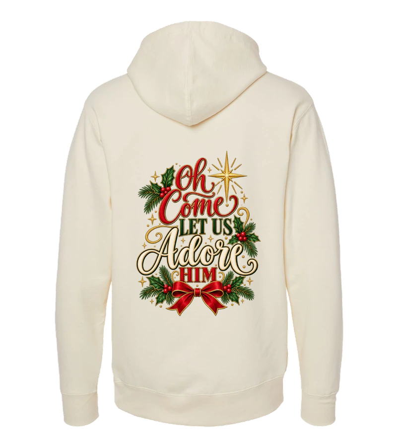 back view of Oh Come Let Us Adore Him on Bone Independent Trading Co. SS4500 Midweight Pullover Hoodie