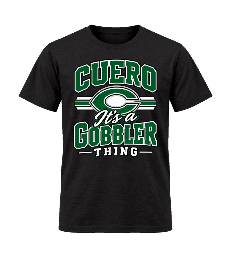 front view of Cuero It's A Gobbler Thing on Black Gildan 64000 Softstyle Shirt
