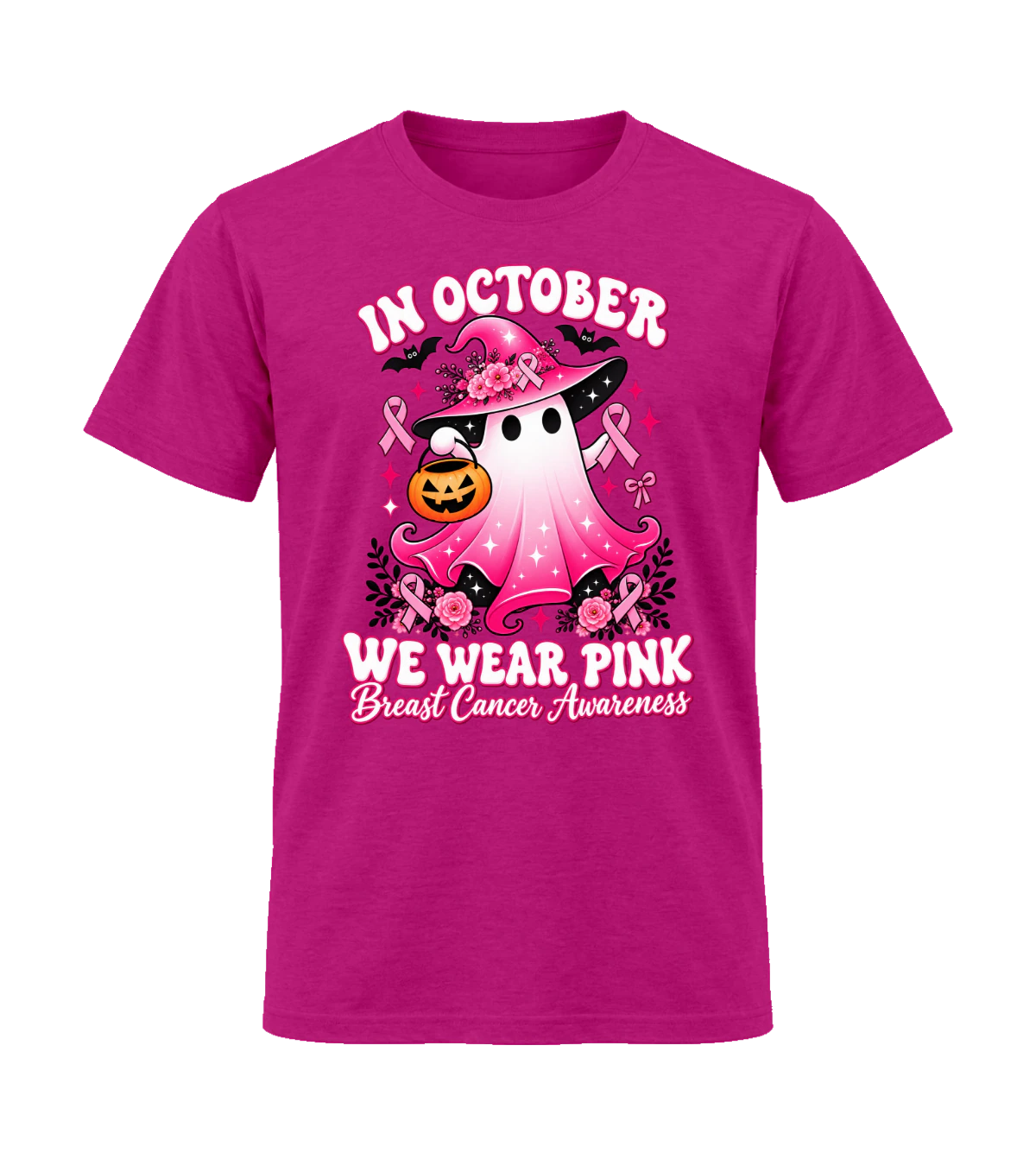 front preview of In October We Wear Pink on Antique Heliconia T-shirt