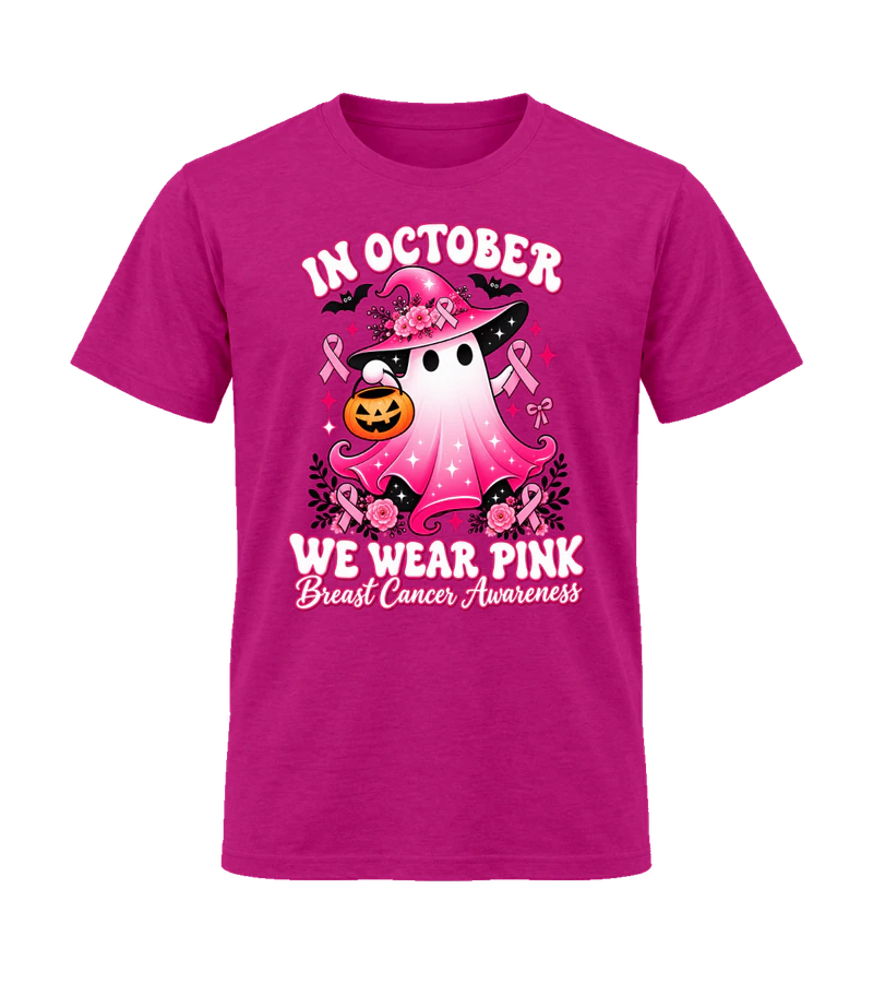 front view of In October We Wear Pink on Antique Heliconia Gildan 64000 Softstyle Shirt