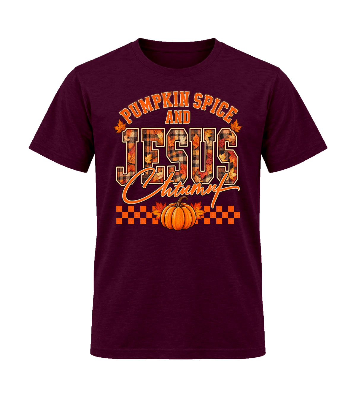 front preview of Pumpkin Spice And Jesus on Maroon T-shirt