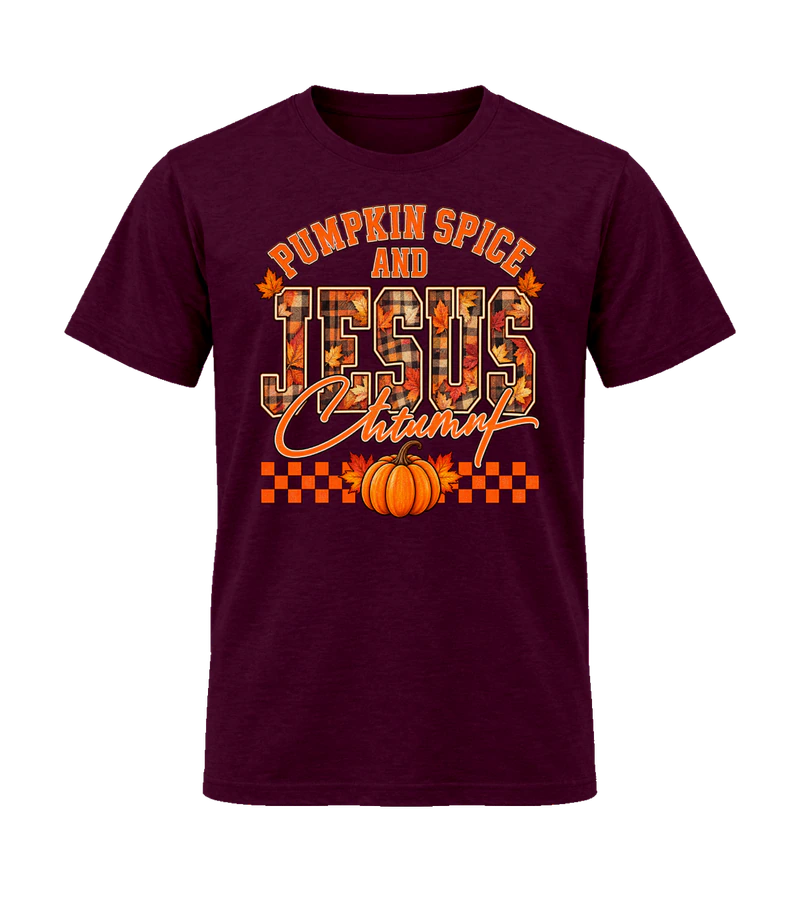 front view of Pumpkin Spice And Jesus on Maroon Gildan 64000 Softstyle Shirt