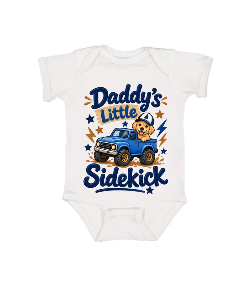 front view of Daddys Little Sidekick Onesie on White Rabbit Skins 4424 Infant Fine Jersey Bodysuit
