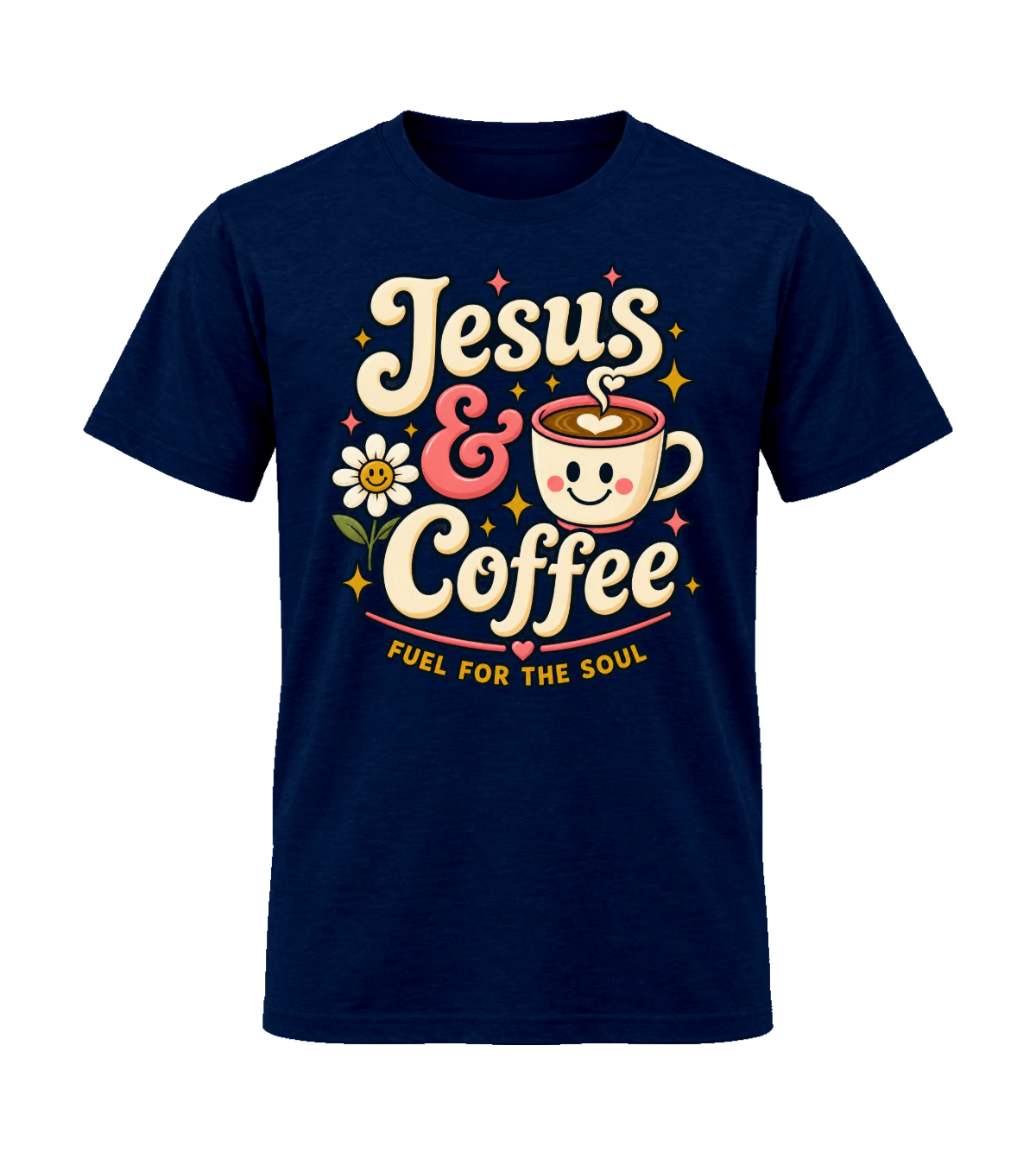 front preview of Jesus & Coffee on Navy T-shirt