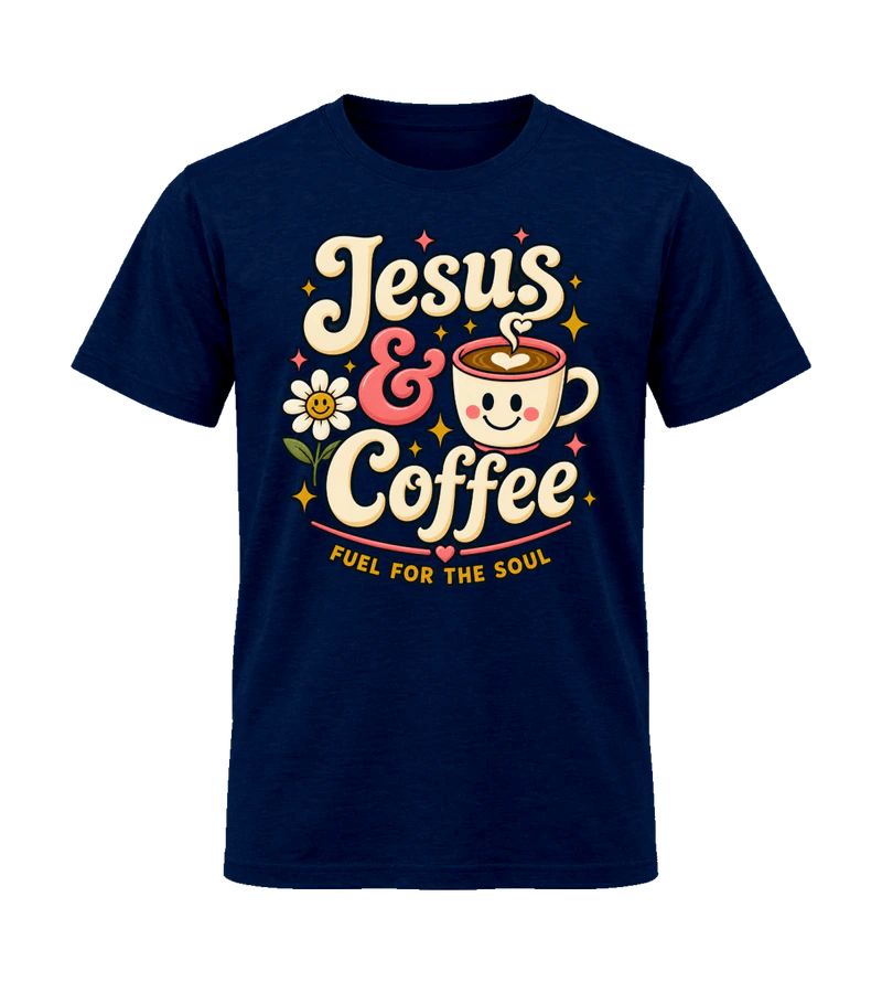 front view of Jesus & Coffee on Navy Gildan 64000 Softstyle Shirt