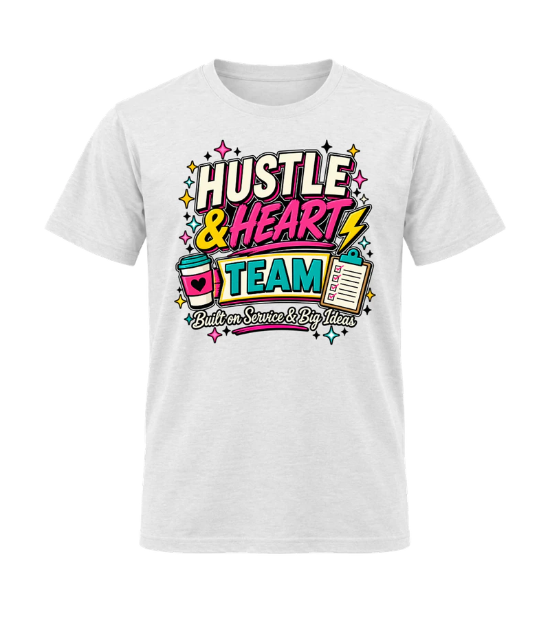 front view of Hustle & Heart Team on White Gildan 64000 Softstyle Shirt