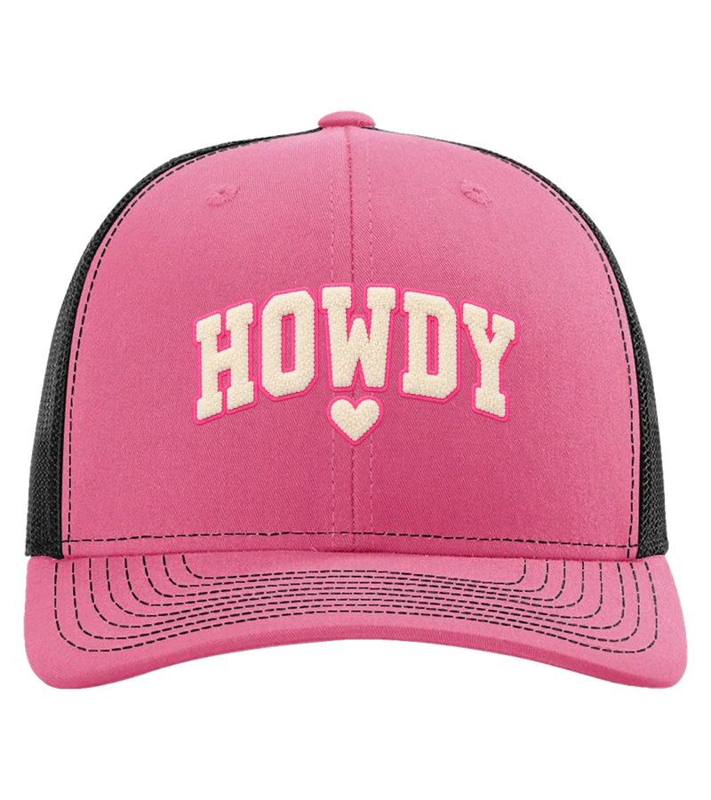 front view of Howdy Hat on Hot Pink / Black Richardson 112 Trucker Hat