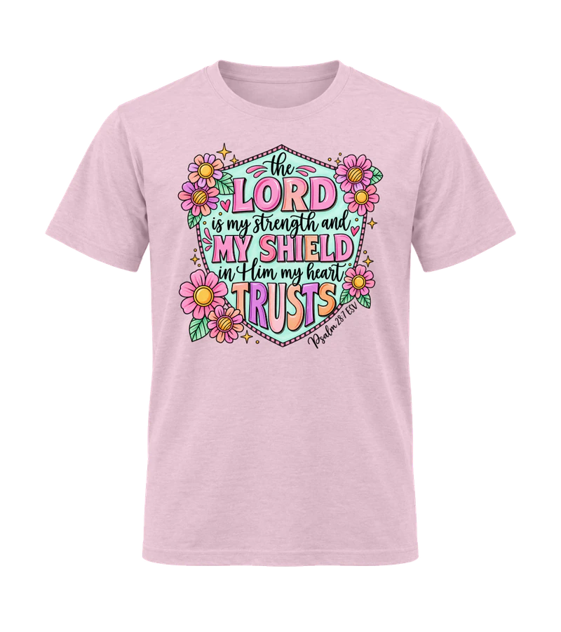 front view of The Lord Is My Strength And My Shield on Light Pink Gildan 64000 Softstyle Shirt