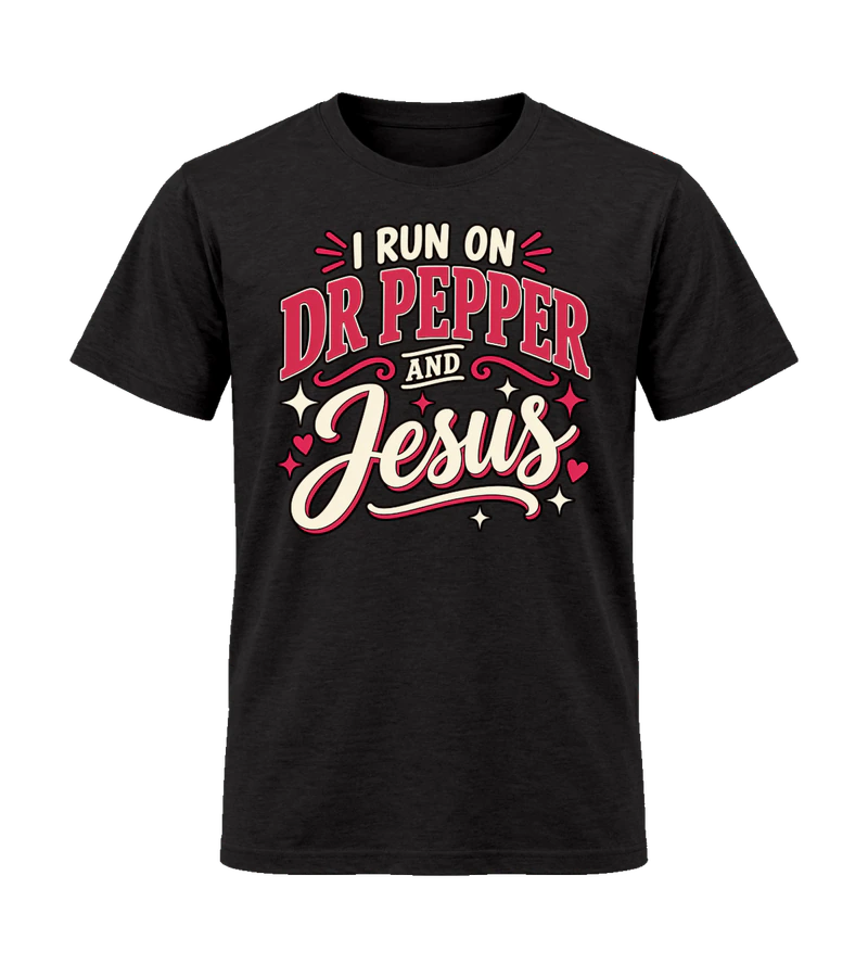 front view of I Run On Dr Pepper And Jesus on Black Gildan 64000 Softstyle Shirt