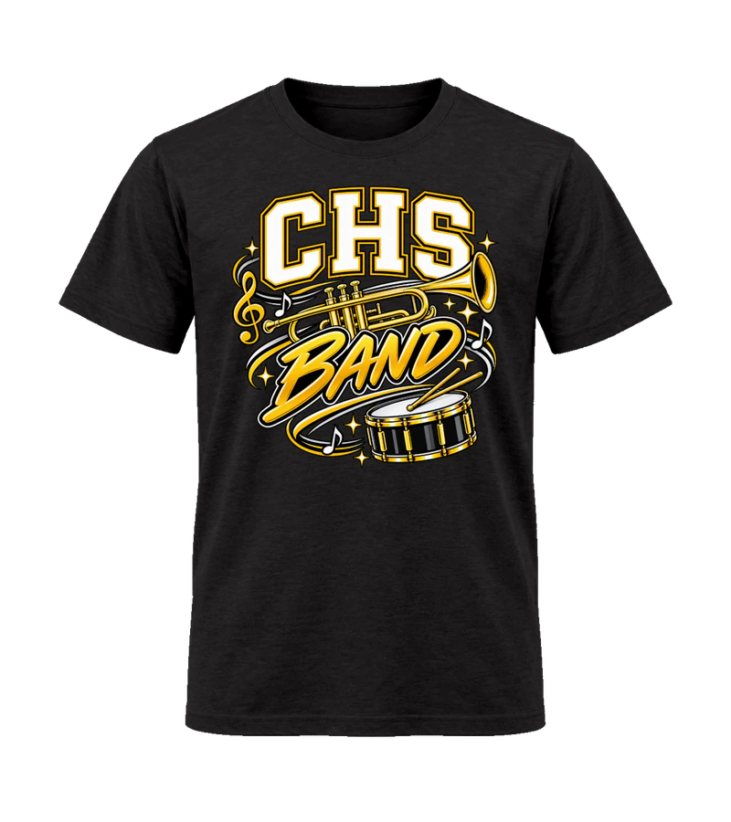 front view of CHS Band on Black Gildan 64000 Softstyle Shirt