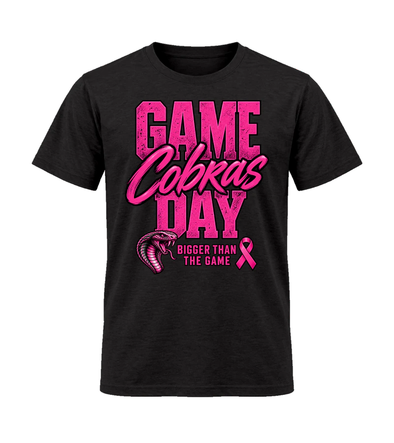 front view of Game Day Cobras Bigger Than The Game on Black Gildan 64000 Softstyle Shirt