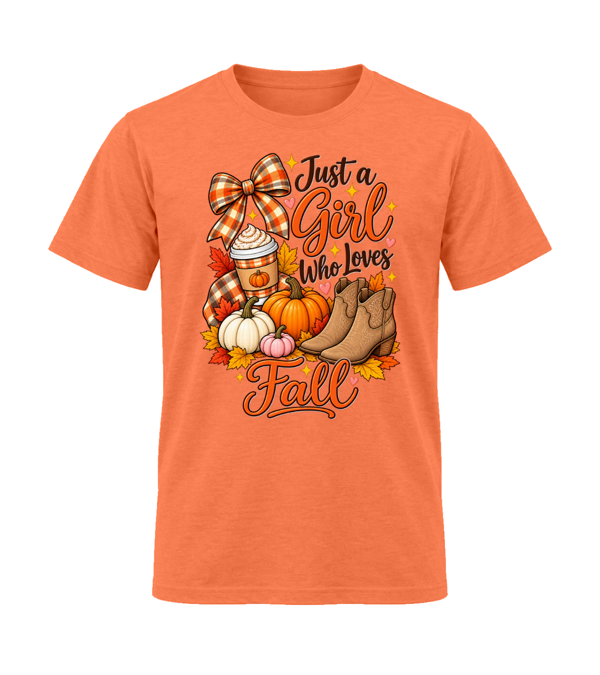 front preview of Just A Girl Who Loves Fall on Heather Orange T-shirt