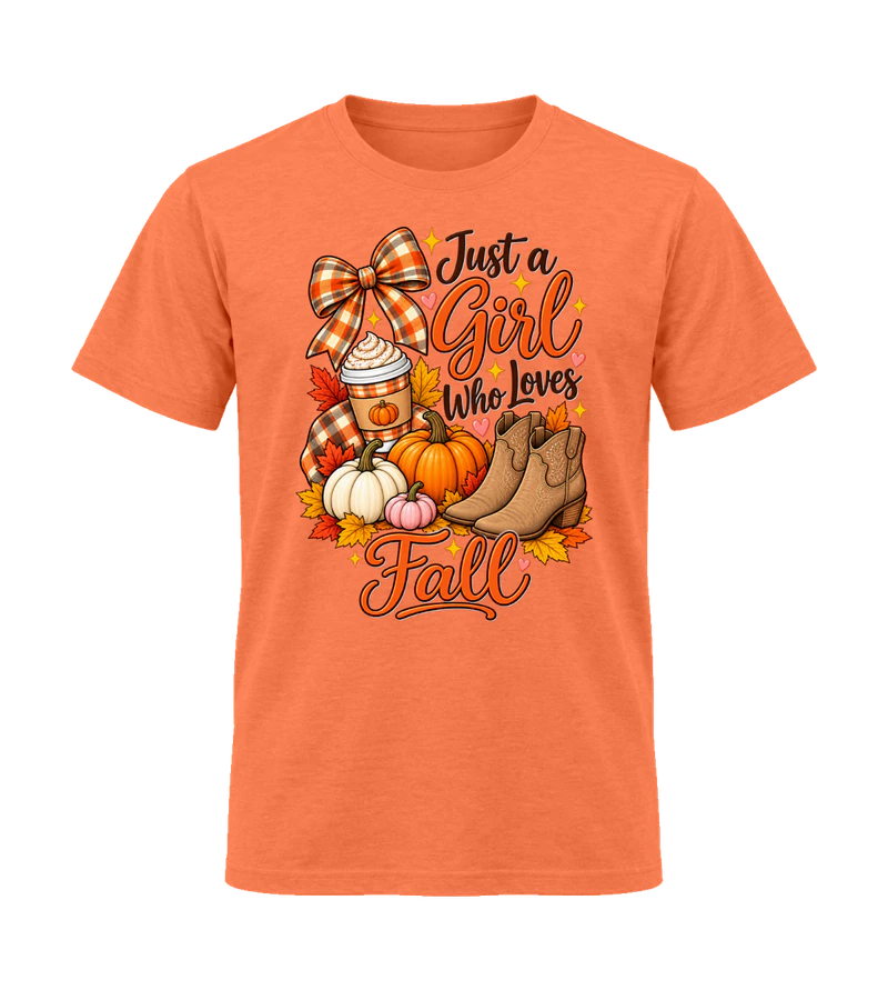front view of Just A Girl Who Loves Fall on Heather Orange Gildan 64000 Softstyle Shirt