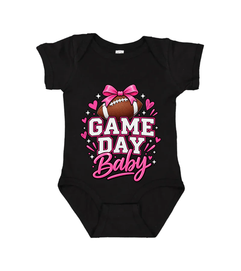 front view of Game Day Baby Onesie on Black Rabbit Skins 4424 Infant Fine Jersey Bodysuit