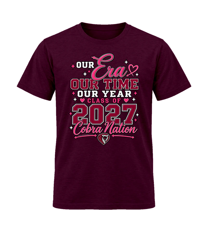 front view of Our Era, Our Year on Maroon Gildan 64000 Softstyle Shirt