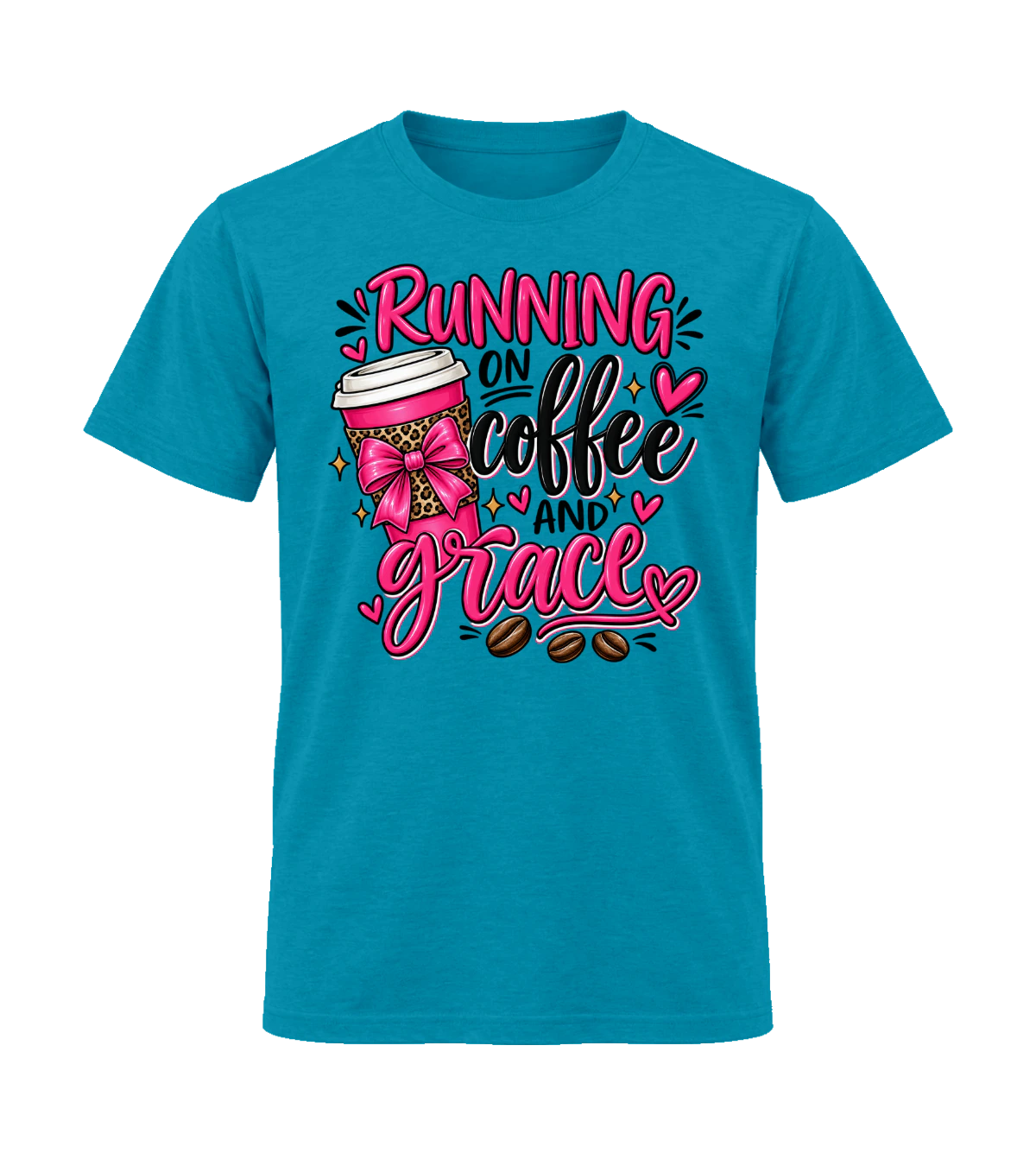 front preview of Running On Coffee And Grace on Tropical Blue T-shirt