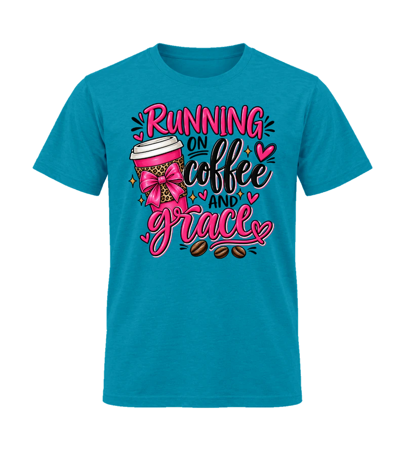 front view of Running On Coffee And Grace on Tropical Blue Gildan 64000 Softstyle Shirt