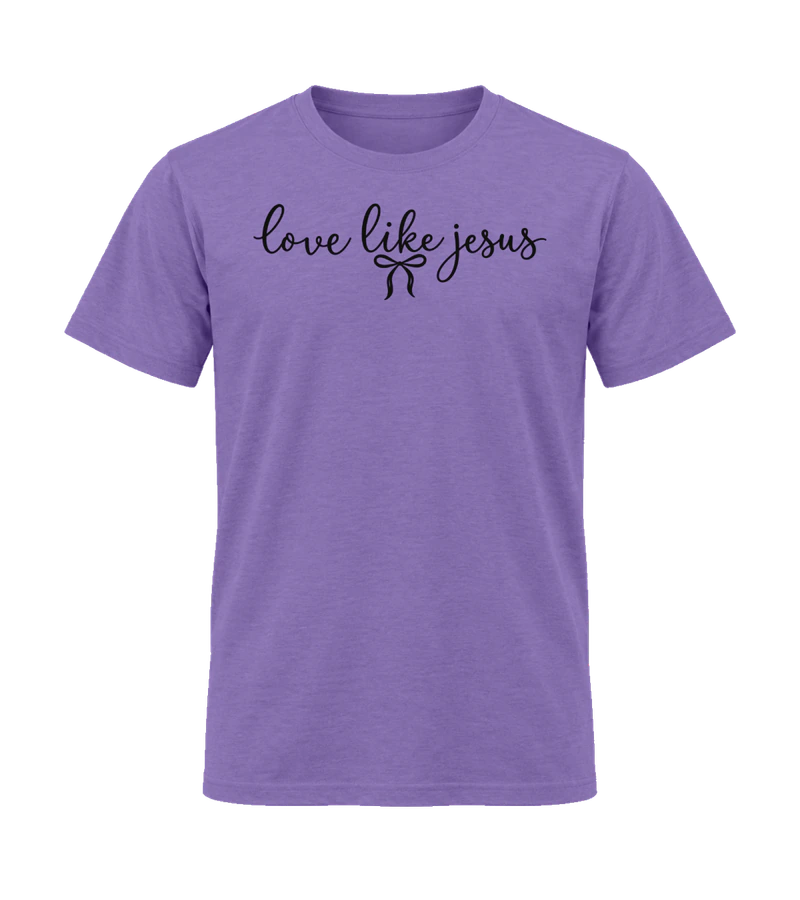 front view of Love Like Jesus on Heather Purple Gildan 64000 Softstyle Shirt