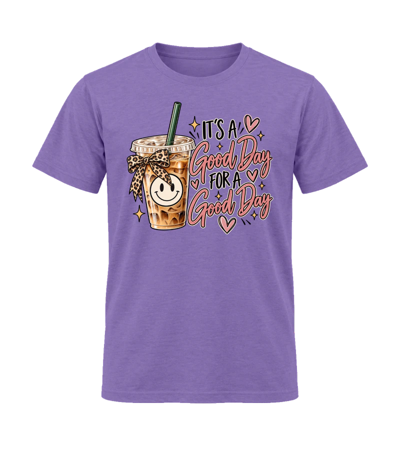 front view of It's A Good Day To Have A Good Day on Heather Purple Gildan 64000 Softstyle Shirt