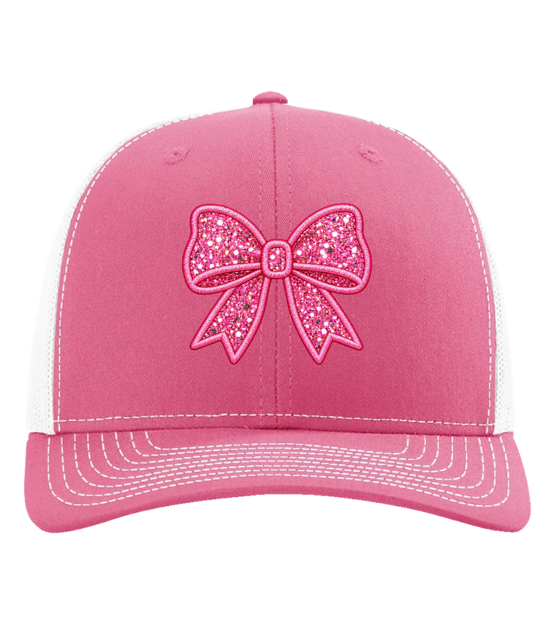 front view of Pink Bow Hat on Hot Pink / White Richardson 112 Trucker Hat