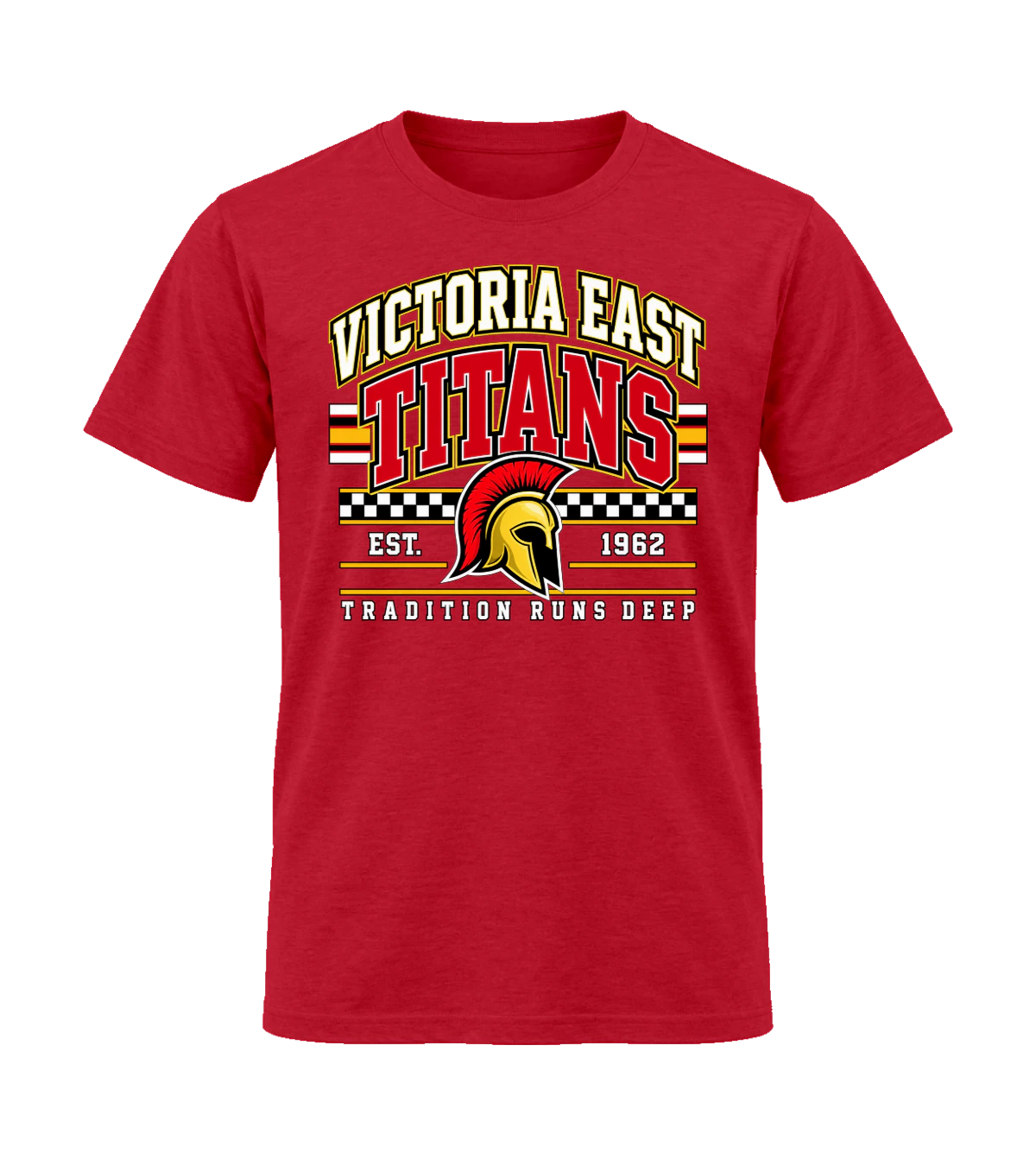 front preview of Victoria East Titans Tradition Runs Deep on Red T-shirt