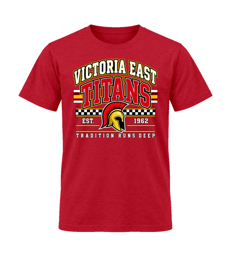 front view of Victoria East Titans Tradition Runs Deep on Red Gildan 64000 Softstyle Shirt