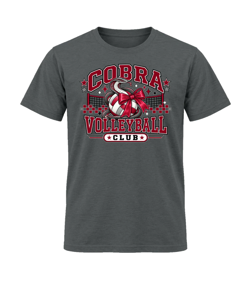 front view of Cobra Volleyball Club 3 on Charcoal Gildan 64000 Softstyle Shirt