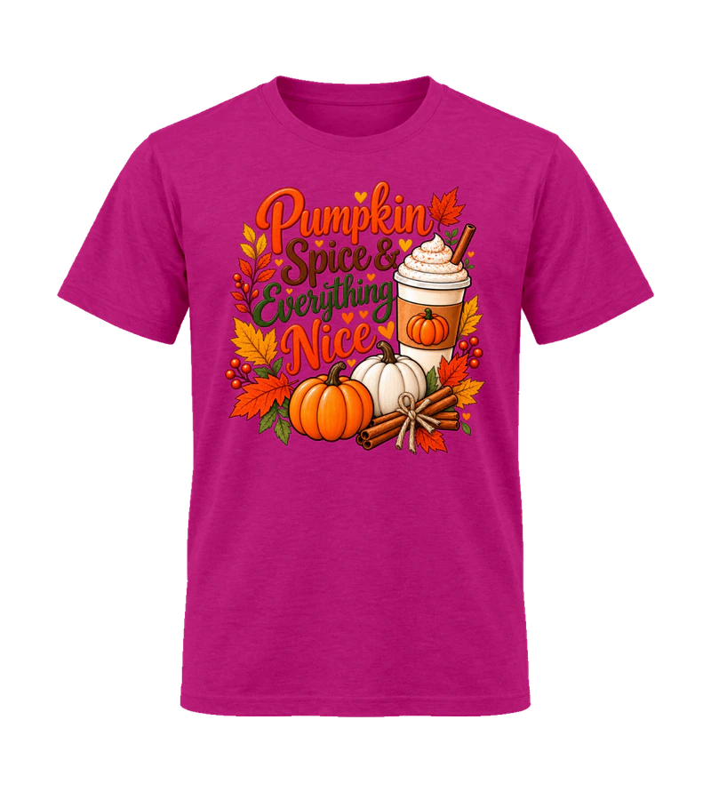 front view of Pumpkin Spice & Everything Nice on Antique Heliconia Gildan 64000 Softstyle Shirt