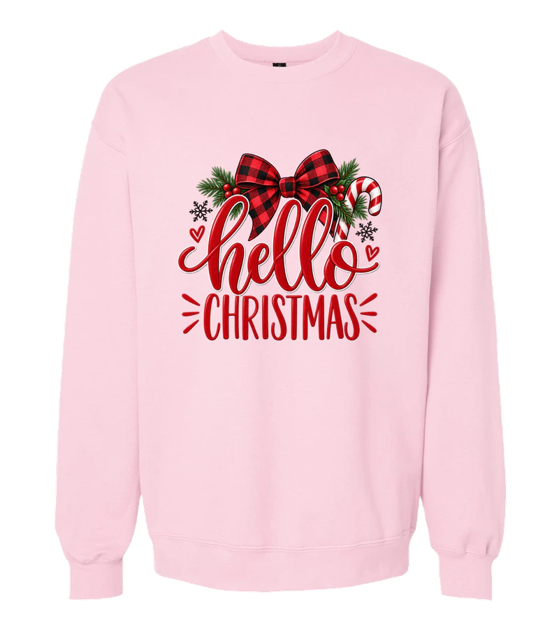 front view of Hello Christmas on Light Pink Gildan SF000 Softstyle Midweight Crewneck Sweatshirt