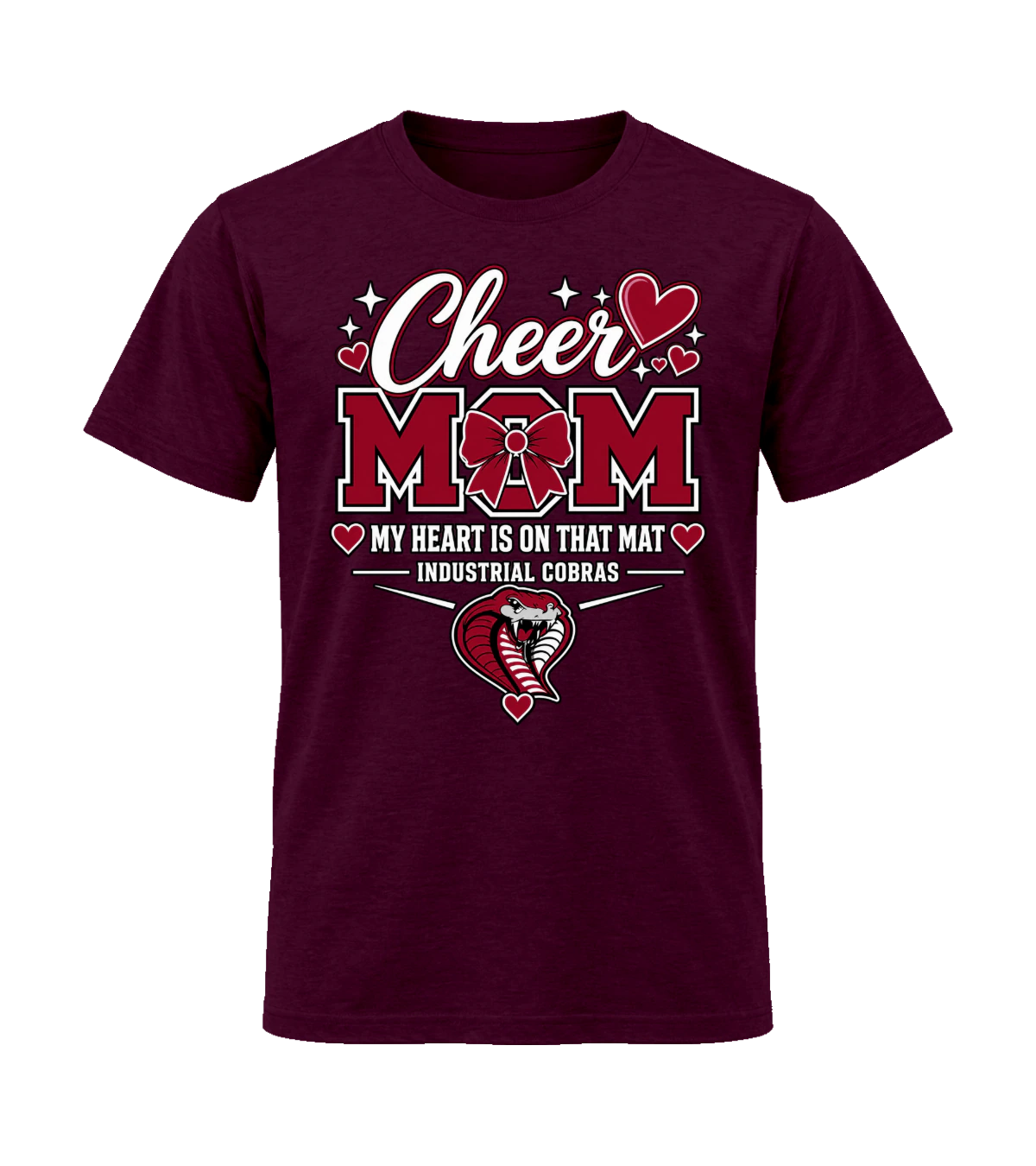 front preview of Cheer Mom: Heart on the Mat on Maroon T-shirt