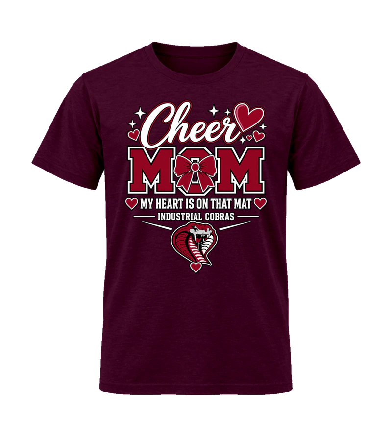 front view of Cheer Mom: Heart on the Mat on Maroon Gildan 64000 Softstyle Shirt