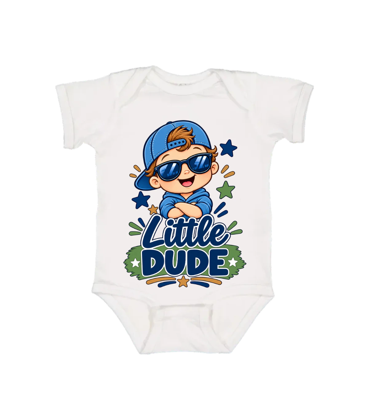 front preview of Little Dude Onesie on White Infant bodysuit