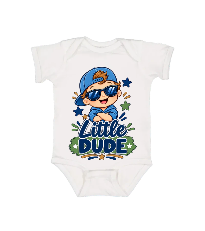 front view of Little Dude Onesie on White Rabbit Skins 4424 Infant Fine Jersey Bodysuit