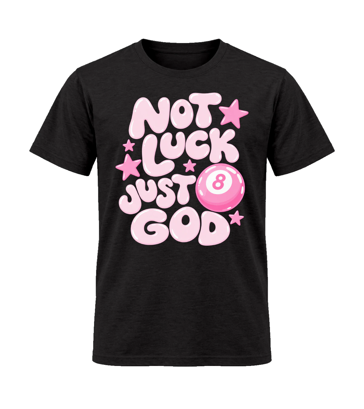 front preview of Not Luck Just God on Black T-shirt