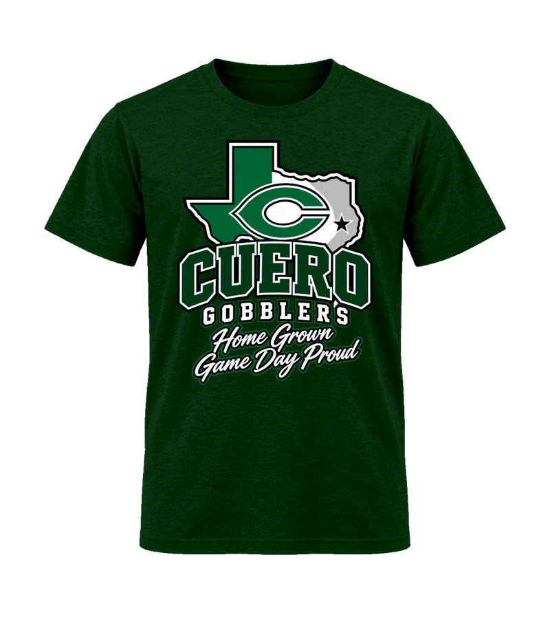 front view of Cuero Gobblers Home Grown Game Day Proud on Forest Green Gildan 64000 Softstyle Shirt