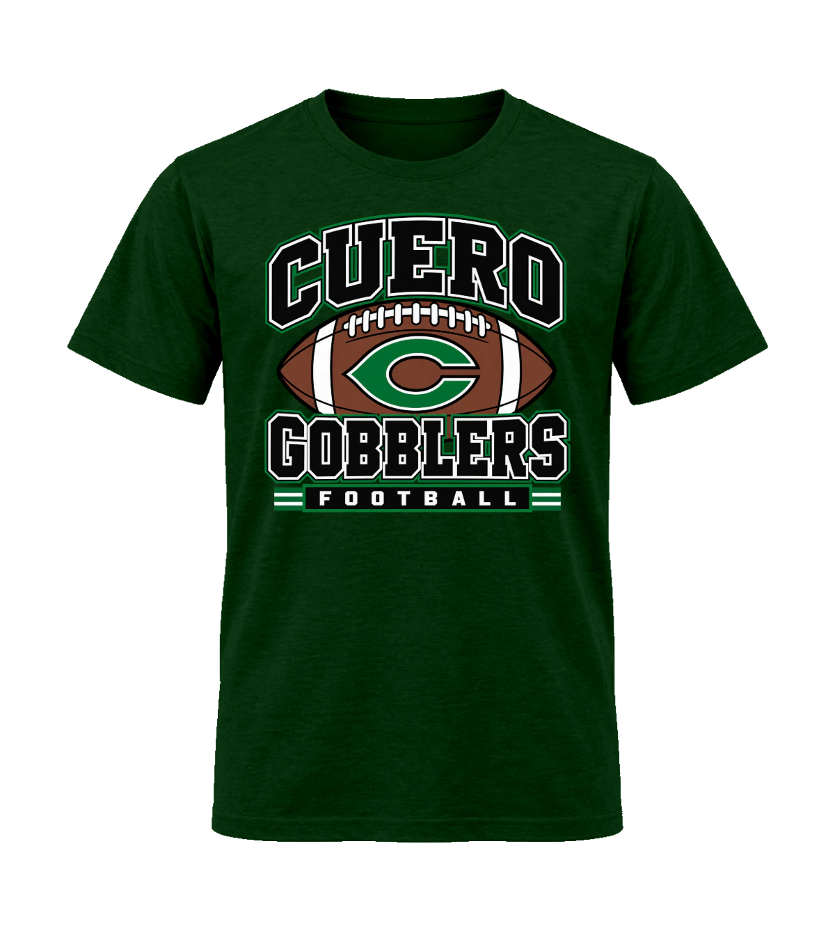 front preview of Cuero Gobblers Football on Forest Green T-shirt