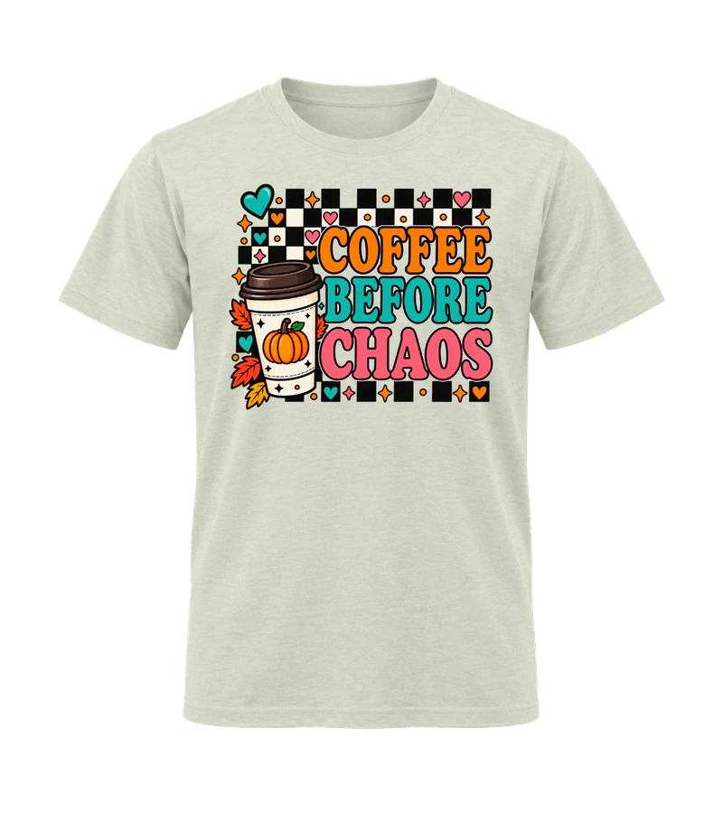 front view of Coffee Before Chaos on Natural Gildan 64000 Softstyle Shirt