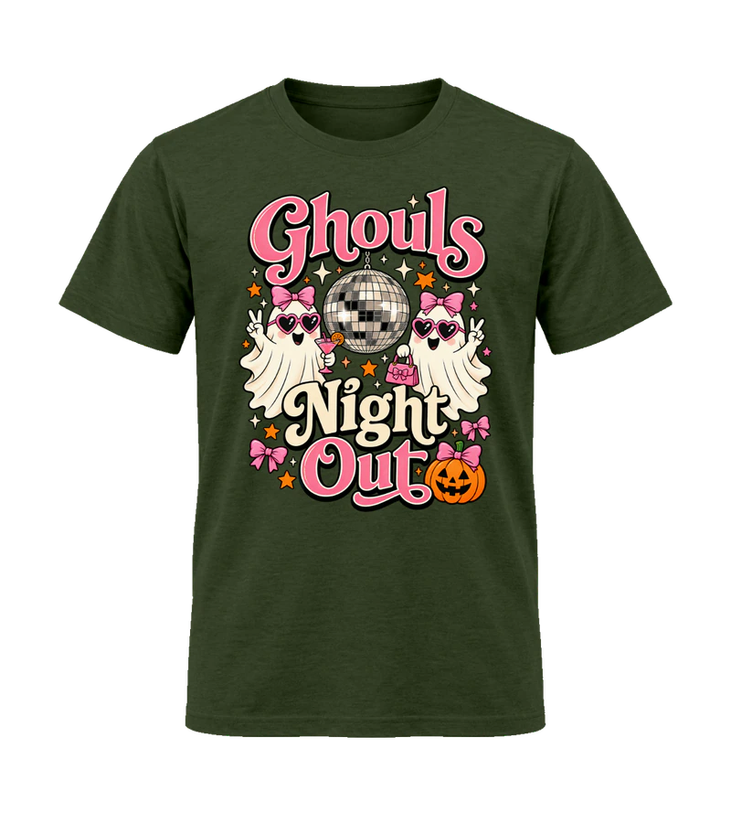 front view of Ghouls’ Night Out on Military Green Gildan 64000 Softstyle Shirt