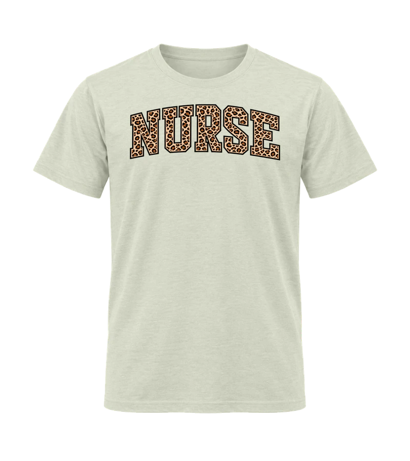 front view of Leopard Print Nurse on Natural Gildan 64000 Softstyle Shirt