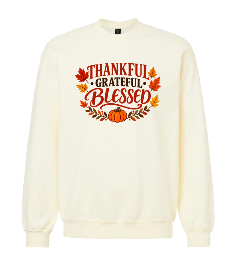 front view of Thankful, Grateful, Blessed on Off White Gildan SF000 Softstyle Midweight Crewneck Sweatshirt