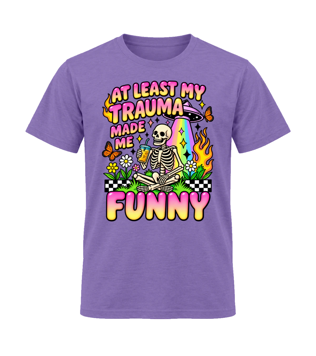 front preview of At Least My Trauma Made Me Funny on Heather Purple T-shirt