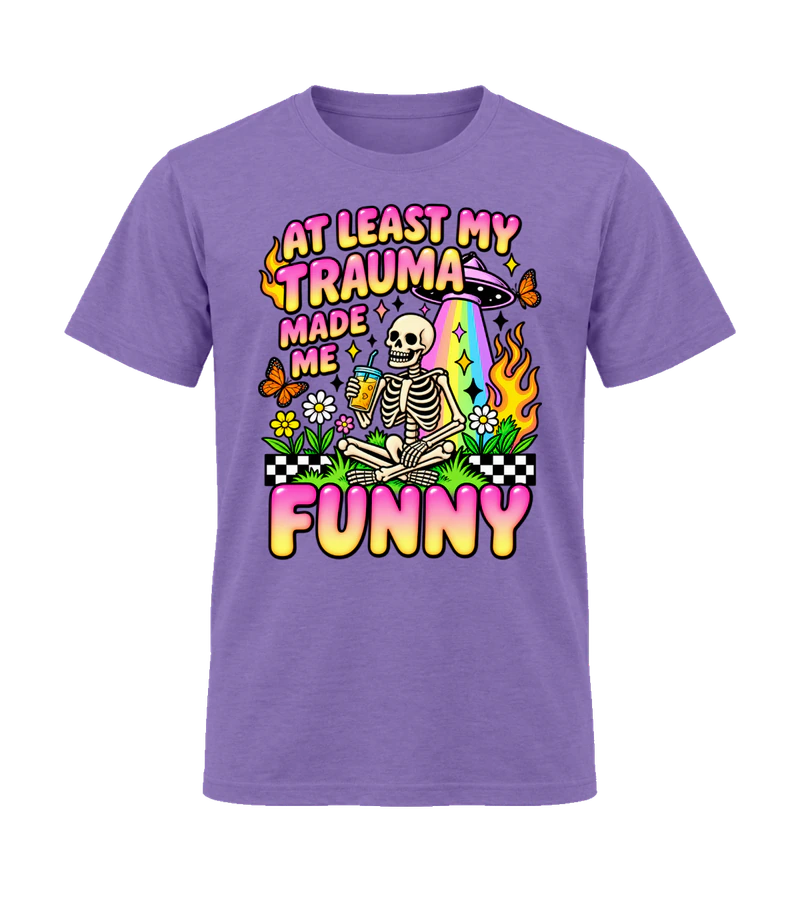 front view of At Least My Trauma Made Me Funny on Heather Purple Gildan 64000 Softstyle Shirt