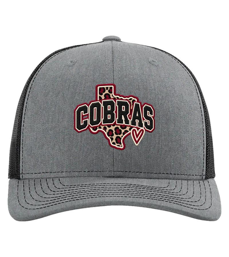 front view of Cobras With Texas Hat on Heather Gray / Black Richardson 112 Trucker Hat